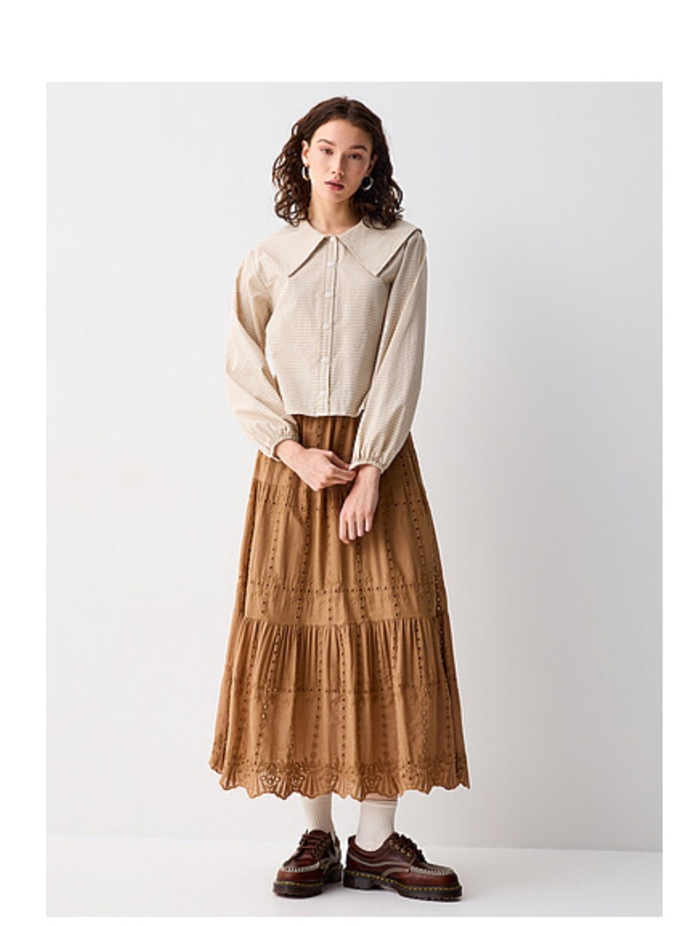 100% Cotton Brown Eyelet Tiered Maxi Skirt